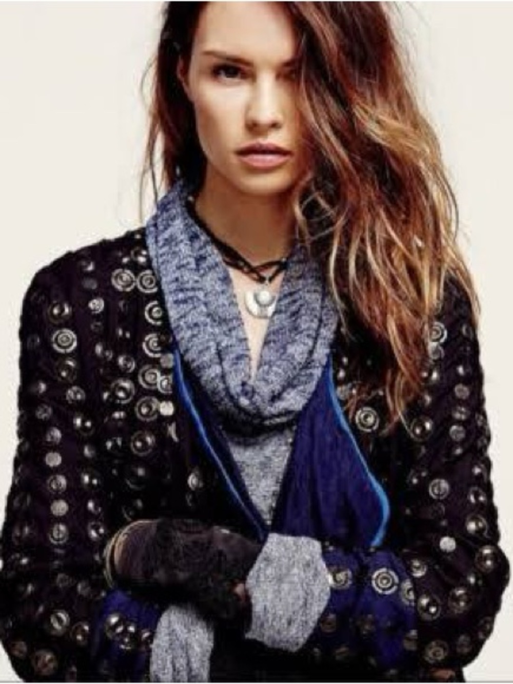Free People Coin Jacket in black with blue lining, open-Front with blue Trim